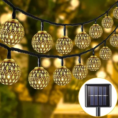 Obrázek produktu pro Světelné řetězy na solární energii – dekorativní světýlka – osvětlení pro venkovní použití – 8 světelných režimů – 7 metrů, 50 LED diod – teplá bílá barva