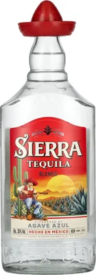 A bottle of Sierra Tequila Blanco with a sombrero cap.