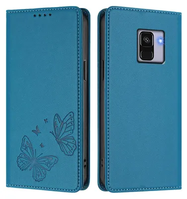 Image de Étui en cuir pour Samsung Galaxy A8 2018, motif papillon, étui à rabat avec porte-monnaie et support, bleu