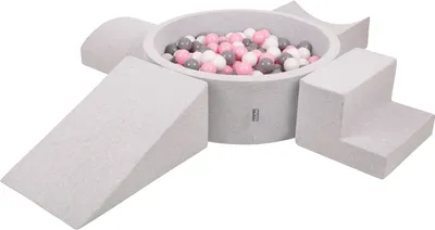 Produktbild von KiddyMoon Kinder Schaumstoff spielplatz mit 200 Bunte Bälle ∅7cm - Schaumstoffbausteine Bällebad baby Rund Kinderrutsche Plastikbälle - Hellgrau