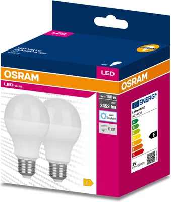 Zdjęcie produktu dla 2PAK Żarówka LED E27 A68 19W = 150W 2452lm 6500K Zimna 200° OSRAM VALUE