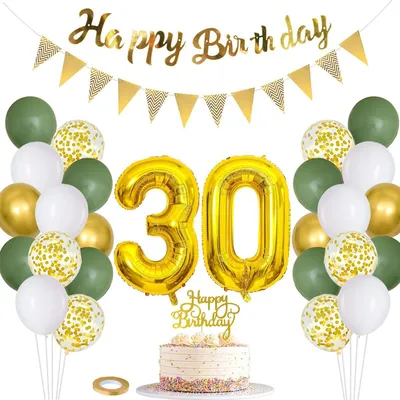 30. Geburtstag Dekoration – Banner, Tortenaufsatz, Folienballon mit Zahl 30