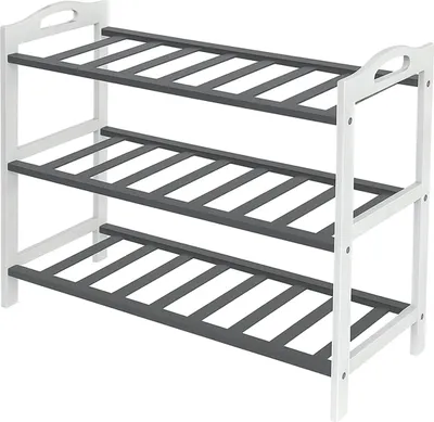 Produktbild von Relaxdays Schuhregal, HxBxT: 48 x 70 x 25 cm, Bambus, 3 Ebenen, für 9 Paar Schuhe, Schuhständer Gitterablagen, grau/weiß