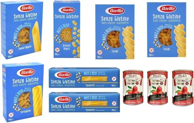 Produktbild von TESTPAKET Barilla senza Glutine Glutenfrei pasta nudeln 7 x 400G + Italian Gourmet 100% italienische geschälte Tomaten dosen 3x 400g