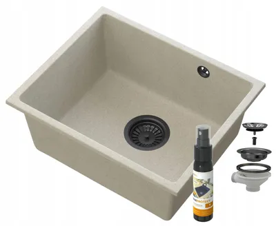 Produktbild von Granitan - Unterbauspüle - Granitspüle - 50 cm - Beige - mit Ablaufgarnitur Schwarz - Küchenspüle - MANADO