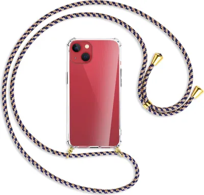 Produktbild von Handykette Backcover-Schutzhülle mit Band (Metall goldfarben) für Apple iPhone 13 mini - blau+beige