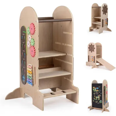 Produktbild von 4-in-1 Montessori Lernturm mit Rutsche aus Holz, Kinder-Lernstation mit Kreidetafel, höhenverstellbar