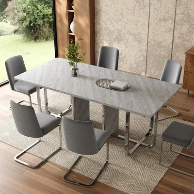 Zdjęcie produktu dla Stół jadalny prostokątny 180 x 80 cm dla 6–8 osób, nowoczesny stół kuchenny w kolorze szarym i srebrnym, metalowe nogi, stabilny, wytrzymałość 150 kg, styl industrialny