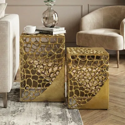 Zdjęcie produktu dla FineBuy – zestaw 2 stolików pomocniczych z aluminium w kolorze złotym, designerski zestaw stolików do salonu, nowoczesny stolik do salonu z aluminium, kwadratowy zestaw stolików metalowych, ręcznie wykonany