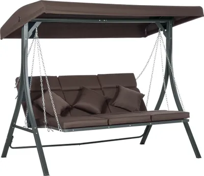 Produktbild von Outsunny Hollywoodschaukel 3-Sitzer, Schaukelbank mit Verstellbarem Sonnendach, Gartenschaukel mit Kissen, bis 270 kg Belastbar, Metall, Texteline, Braun, 198 x 118 x 168 cm