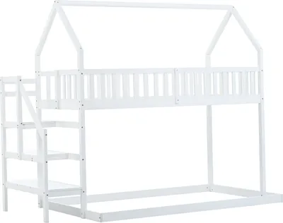 Produktbild von Etagenbett, Hausbett mit Treppe, Kinderbett mit Fallschutz und Gitter Rahmen aus Kiefer, weiß (90x200cm)