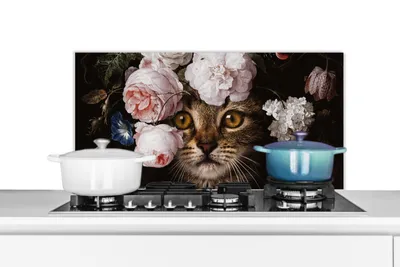 Produktbild von KitchenYeah®  Spritzschutz Küche - Küchenrückwand - Wandschutz für Herd und Spüle - Katze - Blumen - Tiere 80x40 - Alu-Dibond (Alternative zum Spritzschutz aus Glas) - Hitzebeständig - Herdspritzschut
