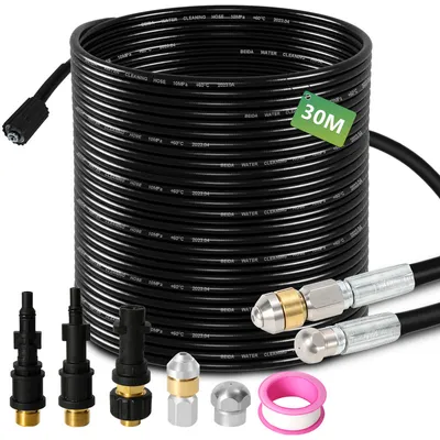 Produktbild von Jopassy Rohrreinigungsschlauch Set 30M, mit Düsen starr + rotierend, 3 Adapter, für handelsübliche Hochdruckreiniger, universelles Rohrreinigungs Set