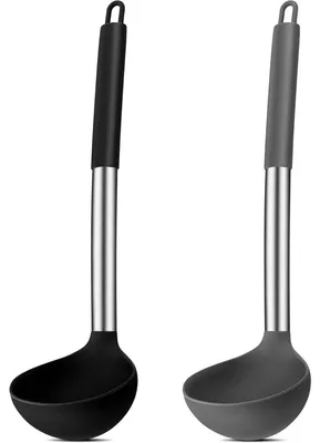 Zdjęcie produktu dla Zestaw dwóch silikonowych łyżek do zupy z rączkami ze stali nierdzewnej, 30 cm, czarne/szare