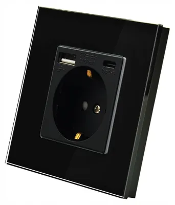 Produktbild von Indual Glassteckdose Schuko mit USB A+C Ladefunktion Schwarz