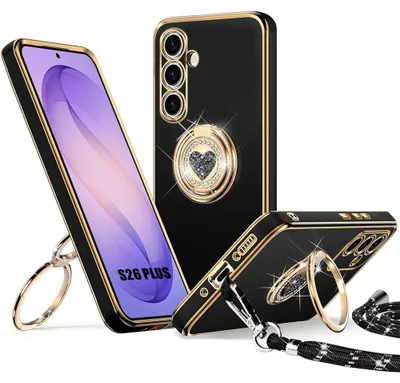 Image de Coque pour Samsung Galaxy S26 Plus, Silicone Souple avec Anneau Motif Coeur et Cordon - Noir