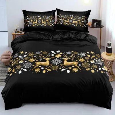 Produktbild von Bettwäsche-Set 3-teilig 155x220 cm Weihnachten Rentier Schwarz Mikrofaser mit 2 Kissenbezügen 80x80 cm