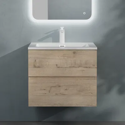 Produktbild von doporro Badmöbel-set Waschbecken-Unterschrank Badezimmer Wandmontage-Unterschrank BTH: 60x48x50cm in Eiche Greige inkl. Mineralguss-Waschbecken Aqualis