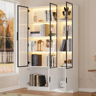 Produktbild von MODFU Vitrine,Glasvitrine,mit LED Beleuchtung,Hochschrank mit transparenten Glastüren,Wohnzimmerschrank mit viel Stauraum,Multifunktionsschrank,Großer Schrank,Weiß