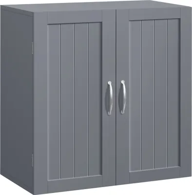 A dark gray cabinet with two doors and silver handles, shown from a slightly angled front view against a white background.