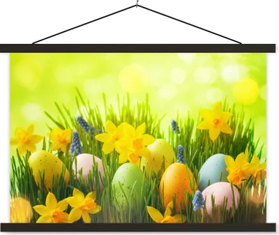 Produktbild von MuchoWow® Textilposter Ostereier - Frühling - Narzisse 120x80 cm mit schwarzem Rahmen - Wanddeko