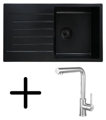 Produktbild von Caressi CAQPP770R10BK-EB Spüle, Einbau mit Küchenarmatur CABL003CHU. Schwarz.