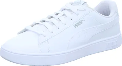 A white Puma sneaker is shown from a side angle against a white background.