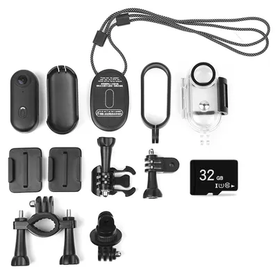 A collection of accessories for a mini action camera, including the camera itself, mounts, a waterproof case, a neck strap, and a memory card.