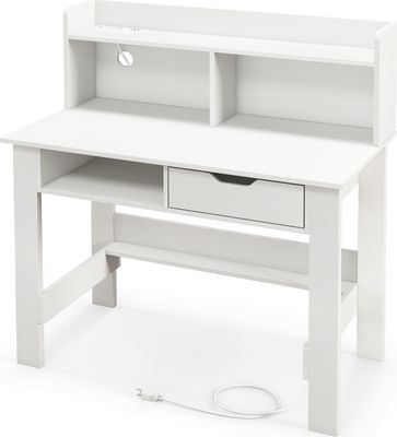 COSTWAY Biurko z gniazdkami elektrycznymi, małe biurko komputerowe z blatem, otwartą przegrodą i szufladą, biurko pod komputer, biurko biurowe 95x56x109,5cm białe