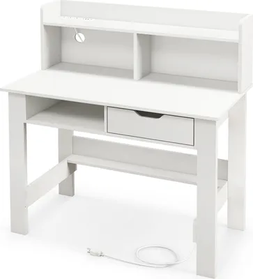 Produktbild von COSTWAY Biurko z gniazdkami elektrycznymi, małe biurko komputerowe z blatem, otwartą przegrodą i szufladą, biurko pod komputer, biurko biurowe 95x56x109,5cm białe