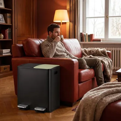 Produktbild von Mülleimer Küche, 2 x 15 L, Mülltrennsystem 2 Fächer, Mülleimer mit Farbigem Soft-Close-Deckel und Pedal, Küchenabfalleimer mit Inneneimer, Stahl