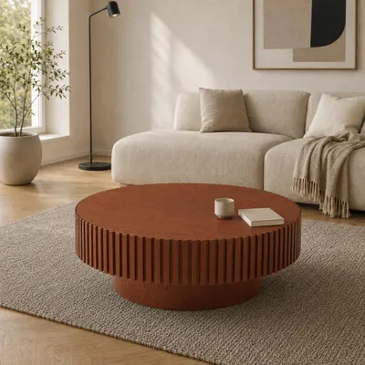 Obrázek produktu pro Kulatý konferenční stolek s reliéfní strukturou a kulatou podnoží, rozměry 80 x 35 cm, barva tmavě hnědá, Obrázek vytvořený pomocí AI