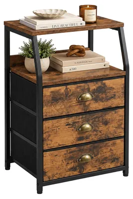 Produktbild von Relaxdays Kommode, HBT: 72 x 40 x 29 cm, 3 Stoffschubladen, Metall, MDF, Flur, Schlafzimmer, Stoffkommode, braun/schwarz