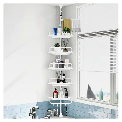 Produktbild von Höhenverstellbares Teleskop-Duschregal, 100-310 cm, 5 Ablagen mit 4 Haken und 1 Handtuchhalter, Eckregal für das Badezimmer ohne Bohren