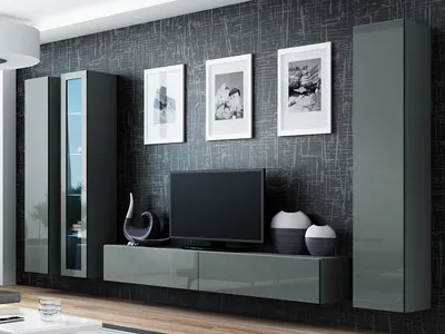 Immagine prodotto di Parete attrezzata per soggiorno con illuminazione a LED bianca ASHTON 2 - grigio / grigio lucido