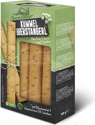 Image de Jausenschmaus Bierstangerl (bâtonnets de bière au cumin) snack savoureux et épicé 100g