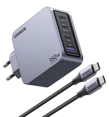 Produktbild von Ugreen Nexode Pro 160W GaN Charger with USB-C Cable, Drinnen, AC, Schwarz, Grau