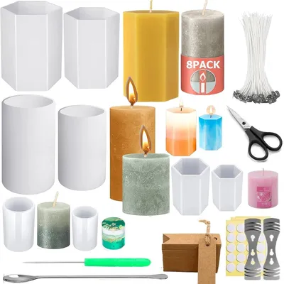 Produktbild von Kerzenformen Set 8x 3D Silikonformen mit 30 Dochten & 2 Haltern für DIY Kerzenherstellung