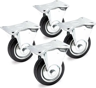 Zdjęcie produktu dla Zestaw kółek stałych Wiltec 4x kółko transportowe Ø75 mm z kółkiem z pełnej gumy, metalową obręczą i płytą montażową do 50 kg na kółko, kółka do aparatury, kółka meblowe cichobieżne