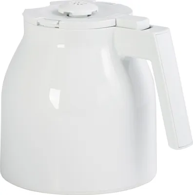 A white thermal carafe with a white handle is shown against a white background.
