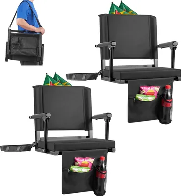 Produktbild von Stadionsitz - Tragbarer Tribünenstuhl - Rückenlehne & Armlehnen - Schultergurt - Getränkehalter - Sicherungshaken - Breite 47,5 cm - 2er Set - Schwarz