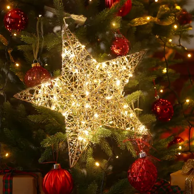 Produktbild von LED Stern Dekoleuchte Warmweiß Ø30cm, Gold 80 LEDs, Batteriebetrieb Mit Timer, 8 Lichtmodi & Roségold-Lametta – Weihnachten Beleuchtung