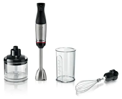 A Bosch Serie 6 MSM6M621 Stabmixer with accessories, including a chopper, measuring cup, and whisk attachment, displayed on a white background.
