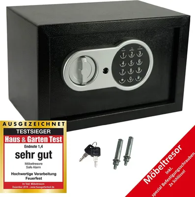 Produktbild von JUNG Safe-Alarm elektronischer Tresor - 14L Fassung, Möbeltresor mit Zahlenschloß + 2 Notschlüssel, Kompakte 31x20x20cm -3,8 kg, Doppelstahlbolzen Sicherheitsbox für Hotel, Büro und Heim,schwarz