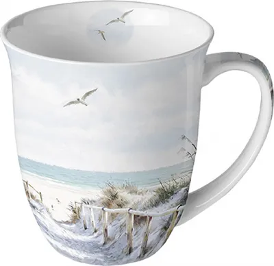 Produktbild von Tasse 10cm Porzellan mit Strand & Meer Motiv Hellblau / Weiß