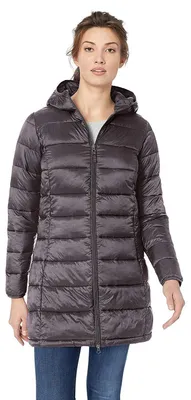 Produktbild von Amazon Essentials Damen Leichte, Wasserabweisende und Verstaubare Steppjacke mit Kapuze (Auch in Großen Größen Erhältlich), Dunkelgrau Meliert, L