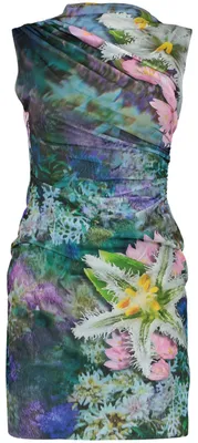 Produktbild von Ärmelloses Damenkleid in Grün mit Muster und Kontrastdetails