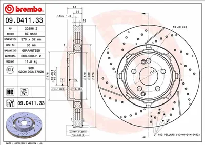 Produktbild von 2x BREMBO Bremsscheibe 09.D411.33 passend für MERCEDES-BENZ GLE (W167) 54mm