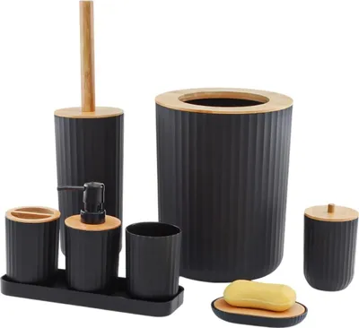 Produktbild von 8 Stück Badezimmer Zubehör Set, Seifenspender Set Aus Bambus, Badezimmerset Mit Lotionspender, Mülleimer, Seifenschale, Zahnbürstenhalter, Zahnputzbecher, Toilettenbürste Und Tablett, schwarz