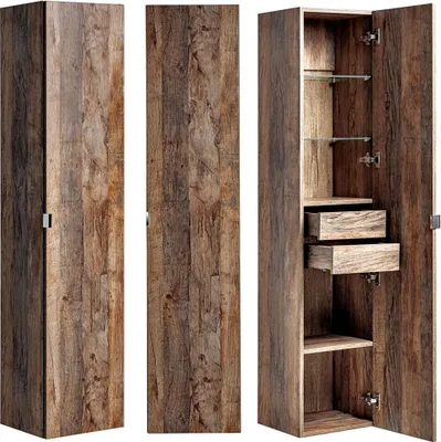 A tall, narrow cabinet with a wood-grain finish, shown from three different angles.